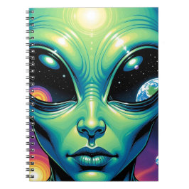 Caderno Espiral Alienígena face com planetas reflexões nos olhos