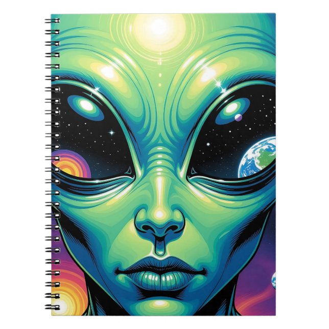 Caderno Espiral Alienígena face com planetas reflexões nos olhos (Frente)