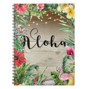 Caderno Espiral Aloha Madeira Tropical Floral Folhas & Luzes Verão