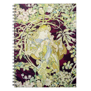 Caderno Espiral Alphonse Mucha Mulher com Margarida Art Nouveau Ar