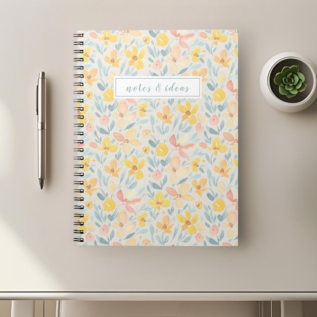 Caderno Espiral Amarelo de Aquarela Floral (Criador carregado)