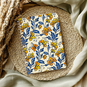 Caderno Espiral Amarelo Laranja Floral Folclórico Vintage Folha Az