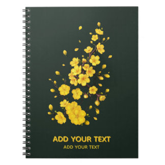 Caderno Espiral Amarelo Personalizado Flor de Damasco Minimalista
