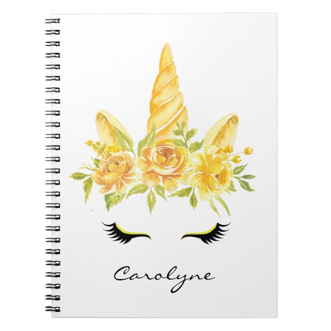 Caderno Espiral Amarelo - Unicorn Floral Personalizado (Frente)