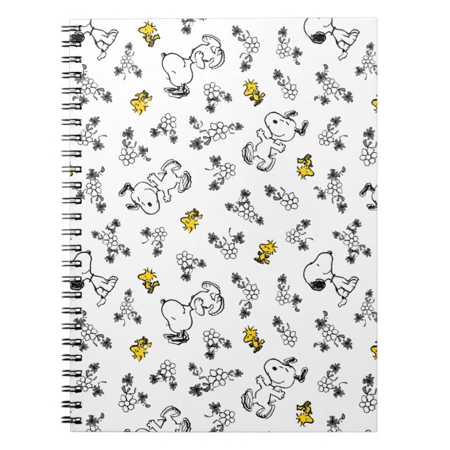 Caderno Espiral Amendoins | Padrão de Flor B&W Snoopy & Woodstock (Frente)