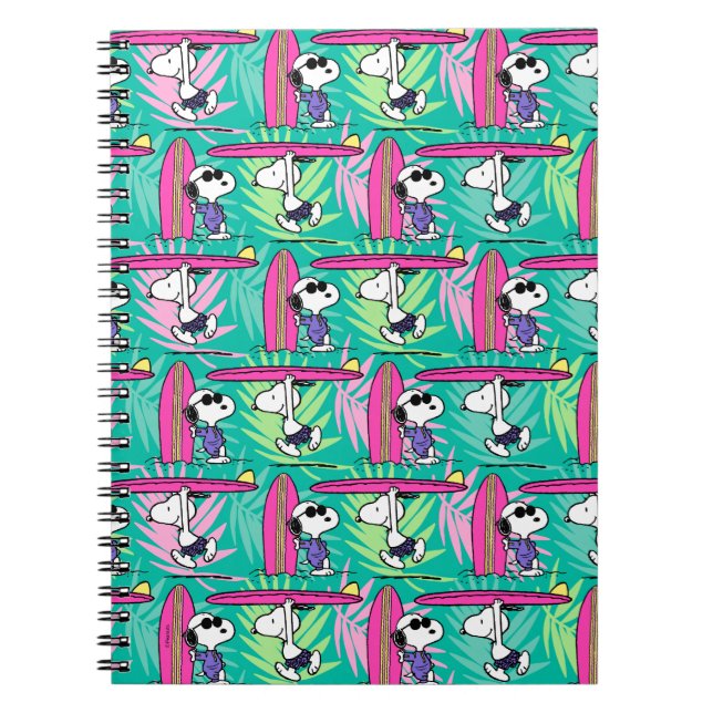 Caderno Espiral Amendoins | Padrão de Surf de Teal de Snoopy (Frente)