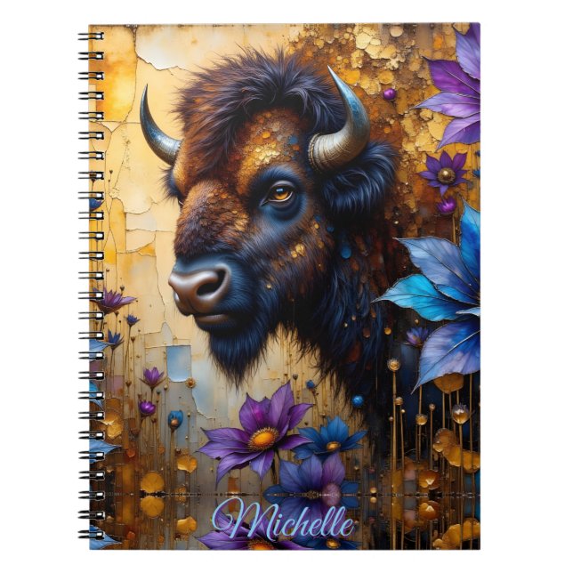 Caderno Espiral American Bison in textured Flower *Personalize* (Frente)