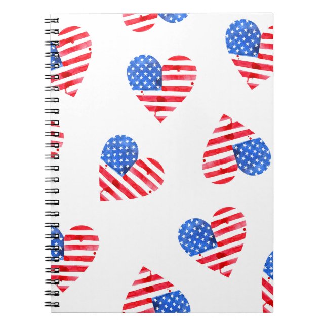 Caderno Espiral American Flag Hearts Watercolor. (Frente)