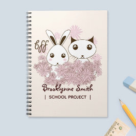 Caderno Espiral Amizade de menina BFF Fofo Cartoon Gatinho e Coelh