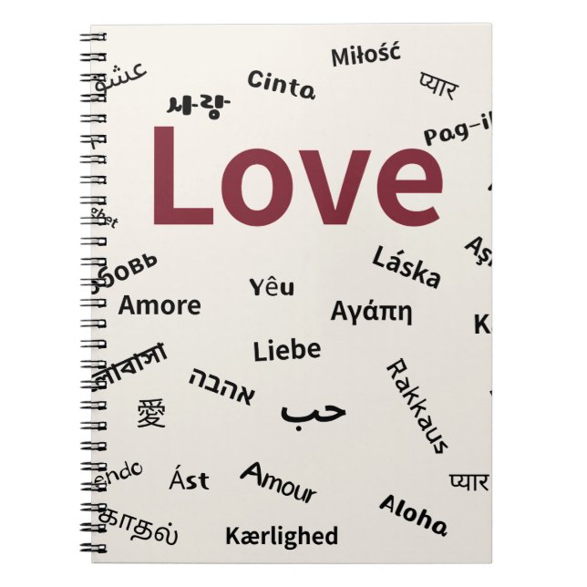 Caderno Espiral Amor – Almofada de Tipografia Multilíngue (Frente)