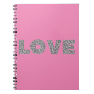 Caderno Espiral Amor com brilho prateado rosa