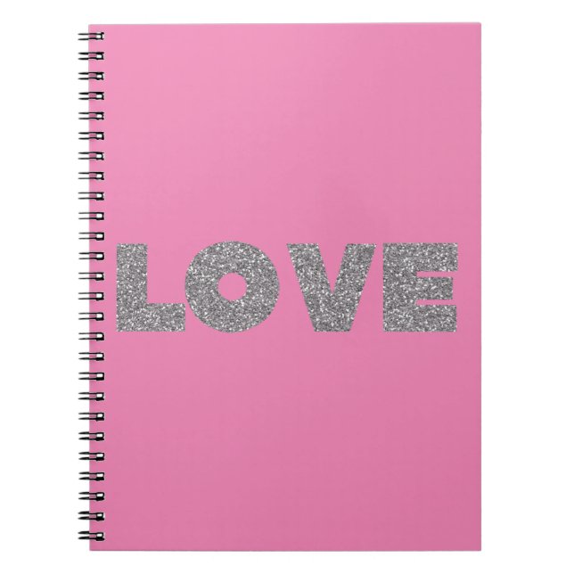 Caderno Espiral Amor com brilho prateado rosa (Frente)