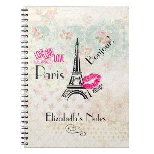 Caderno Espiral Amor Paris com Torre Eiffel em Padrão Vintage