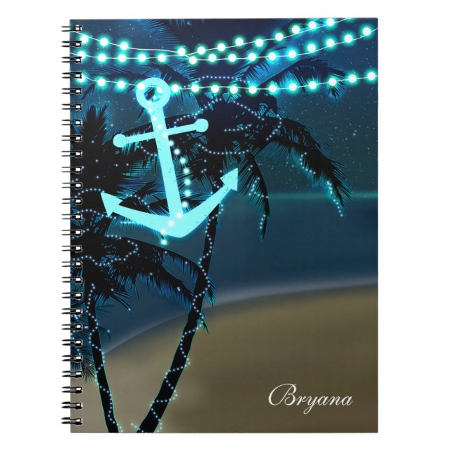 Caderno Espiral Anchor & Palm Trees Beach Lights Diário do noteboo (Frente)