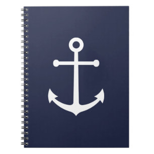 Caderno Espiral Âncora branca náutica em azul Marinho