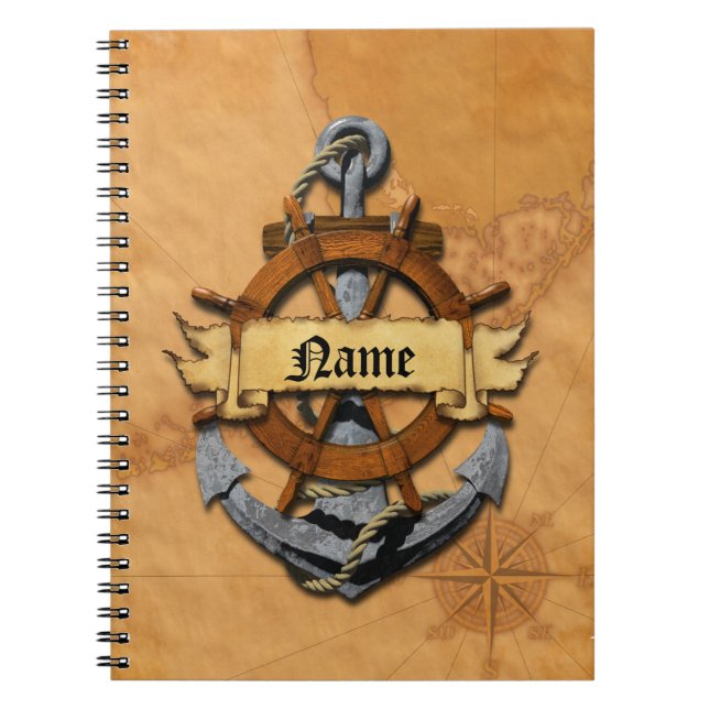 Caderno Espiral Âncora e roda náuticas personalizadas (Frente)