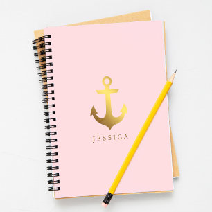 Caderno Espiral Âncora rosa e fina folha de ouro