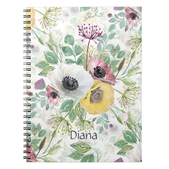 Caderno Espiral Anêmonas cor-de-rosa, brancas e amarelas (Frente)