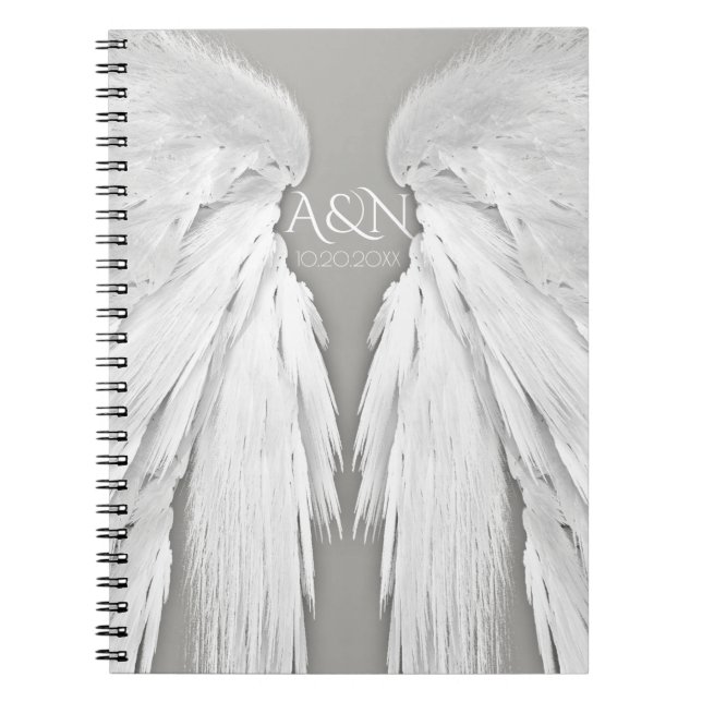 Caderno Espiral ANGEL WINGS Iniciais de Casamento Cinzas Elegantes (Frente)