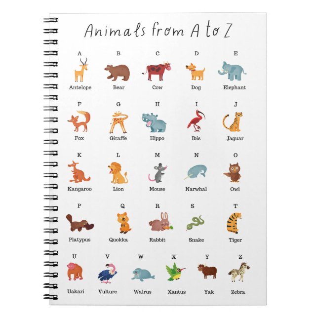 Caderno Espiral Animais da Educação Escolar de A a Z (Frente)