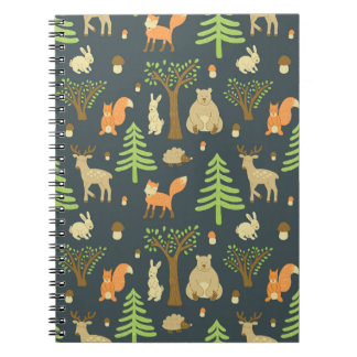 Caderno Espiral Animais da Floresta Vintage, Padrão Infantil.