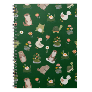Caderno Espiral Animais de Lagoa & Folhas de Nenúfar em Verde Escu