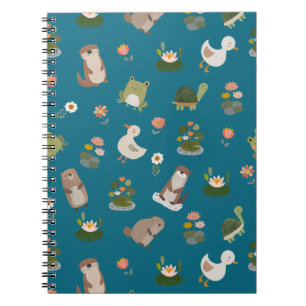 Caderno Espiral Animais do Lago & Folhas de Nenúfar em Azul Turque