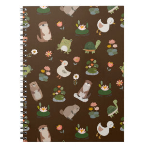 Caderno Espiral Animais do Lago & Folhas de Nenúfar em Marrom Escu