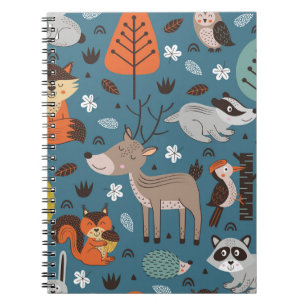 Caderno Espiral Animais florestais, azul, estilo escandinavo