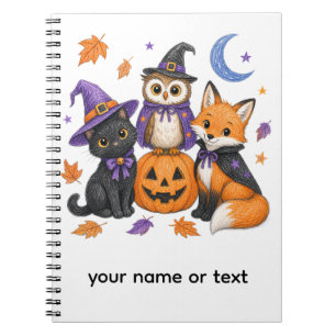 Caderno Espiral Animais Fofos de Halloween - Bruxa Gato Preto Coru