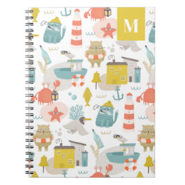 Caderno Espiral Animais náuticos engraçados e fofos. Monograma de 