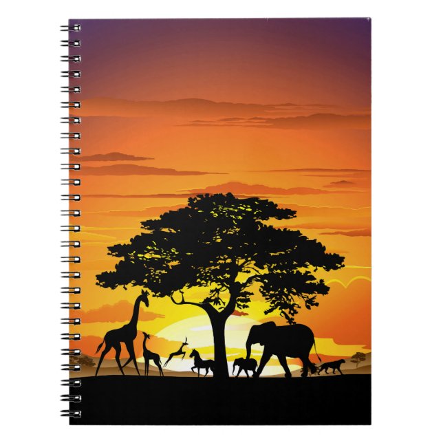 Caderno Espiral Animais Selvagens no Sunset da savana africana (Frente)