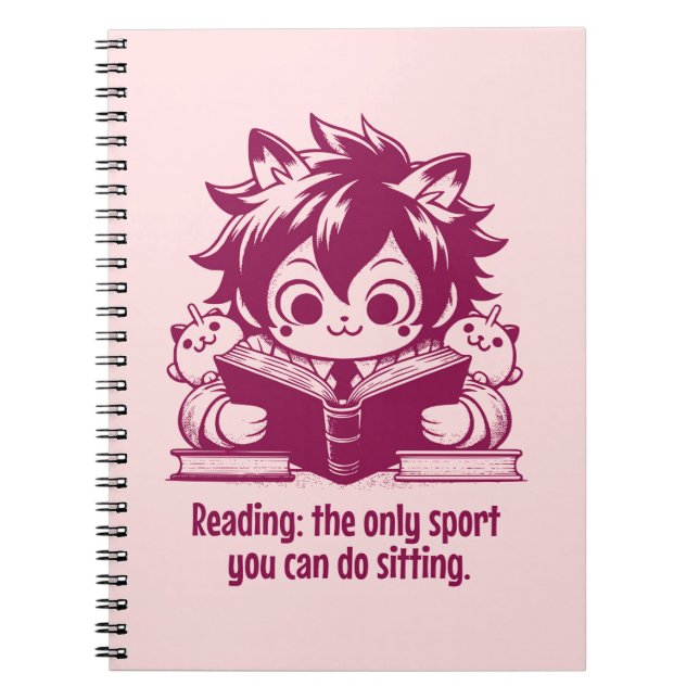 Caderno Espiral Anime Catboy lendo um livro e uma citação engraçad (Frente)