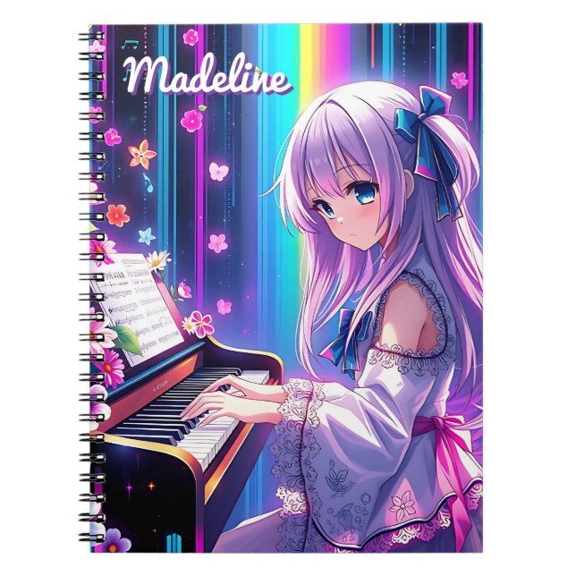 Caderno Espiral Anime Girl tocando Piano Personalizado (Frente)