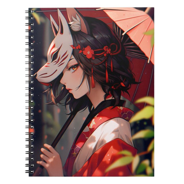 Caderno Espiral Anime Kitsune Girl Cute Fox Fantasy Art (Frente)