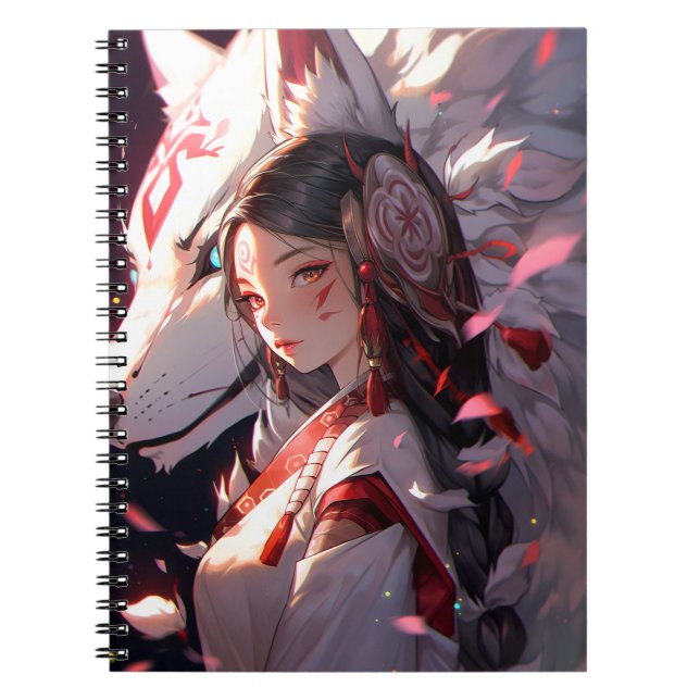 Caderno Espiral Anime Kitsune Girl Cute Fox Fantasy Art (Frente)