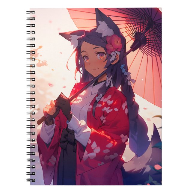 Caderno Espiral Anime Kitsune Girl Cute Fox Fantasy Art (Frente)