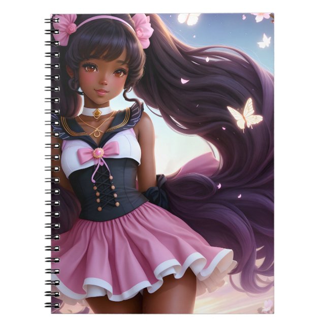 Caderno Espiral Animecore do Caráter feminino Negra Anime (Frente)
