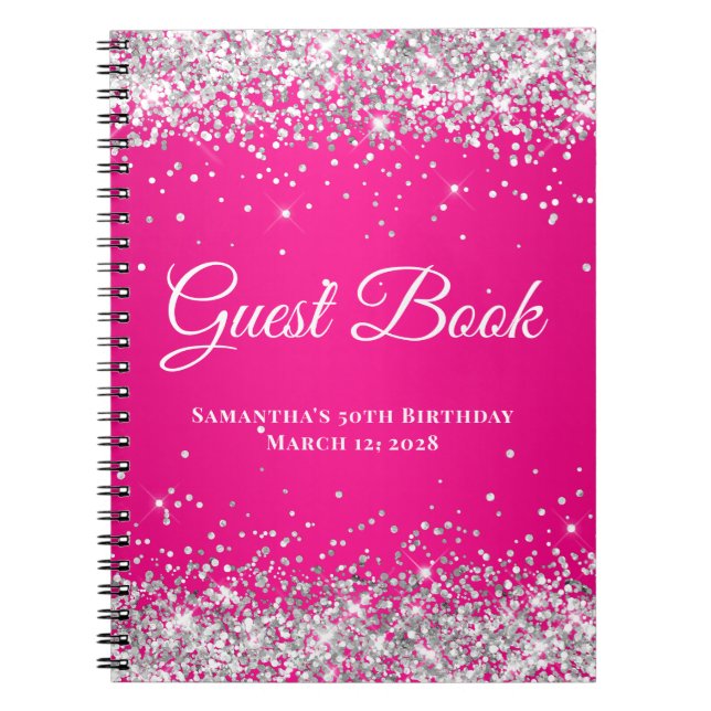 Caderno Espiral Aniversário de Boia Rosa Quente de Silver Glitter (Frente)