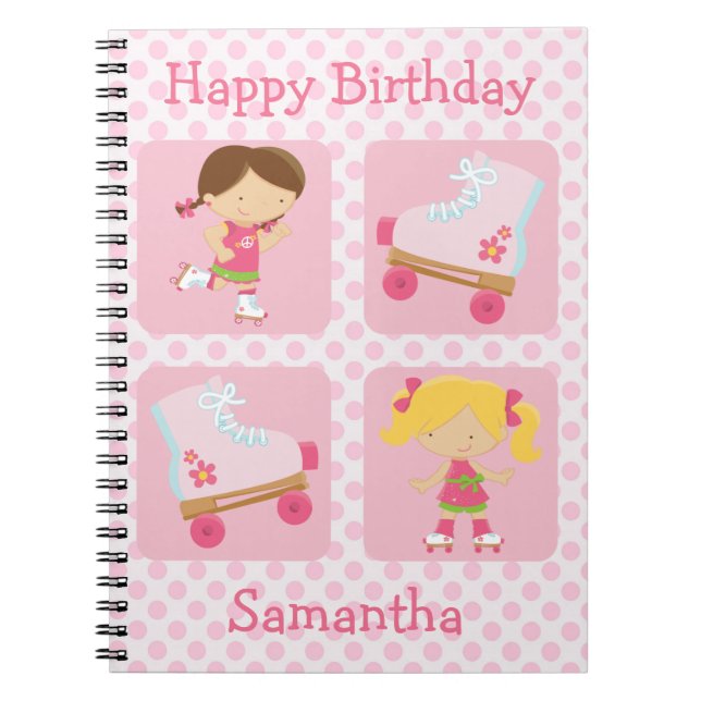Caderno Espiral Aniversário de patinagem em quadrado rosa cor-de-r (Frente)