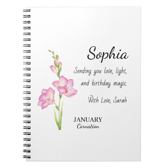 Caderno Espiral Aniversário Personalizado de Janeiro com Cravo (Frente)
