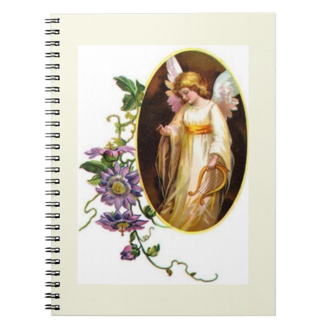 Caderno Espiral Anjo Com Harpa E Flores De Clematite (Frente)