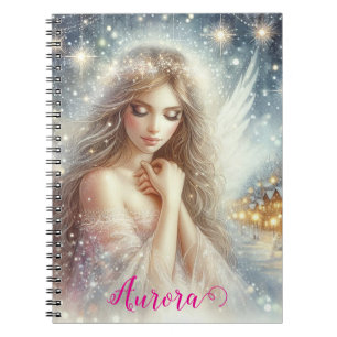 Caderno Espiral Anjo de Neve Etéreo de Aquarela Festiva Feminina
