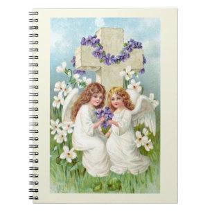 Caderno Espiral Anjos Fofos Com Cruz E Flores 