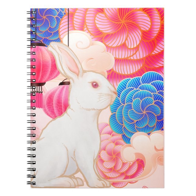 Caderno Espiral Ano do Luxo do Coelho nas Flores Rosa e Douradas (Frente)