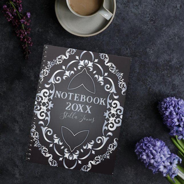 Caderno Espiral Ano Negro e Prateado do Luxo Barroco (Criador carregado)