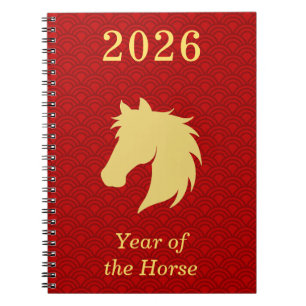 Caderno Espiral Ano Novo Lunar Chinês do Cavalo Vermelho Dourado d