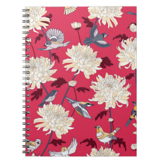 Caderno Espiral Antecedentes florais com aves e crisântemos vi