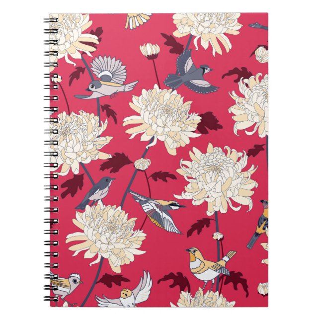 Caderno Espiral Antecedentes florais com aves e crisântemos vi (Frente)