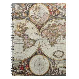 Caderno Espiral Antigo mapa dos hemisférios mundiais. Criado por F